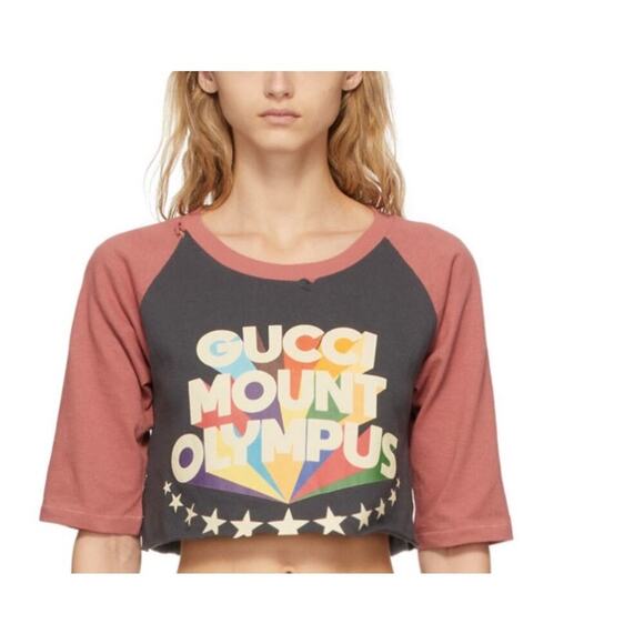 Gucci Mount Olympus Women’s T Shirt Size Small Cropped Designer Raw Hem Raglan - Picture 1 of 8